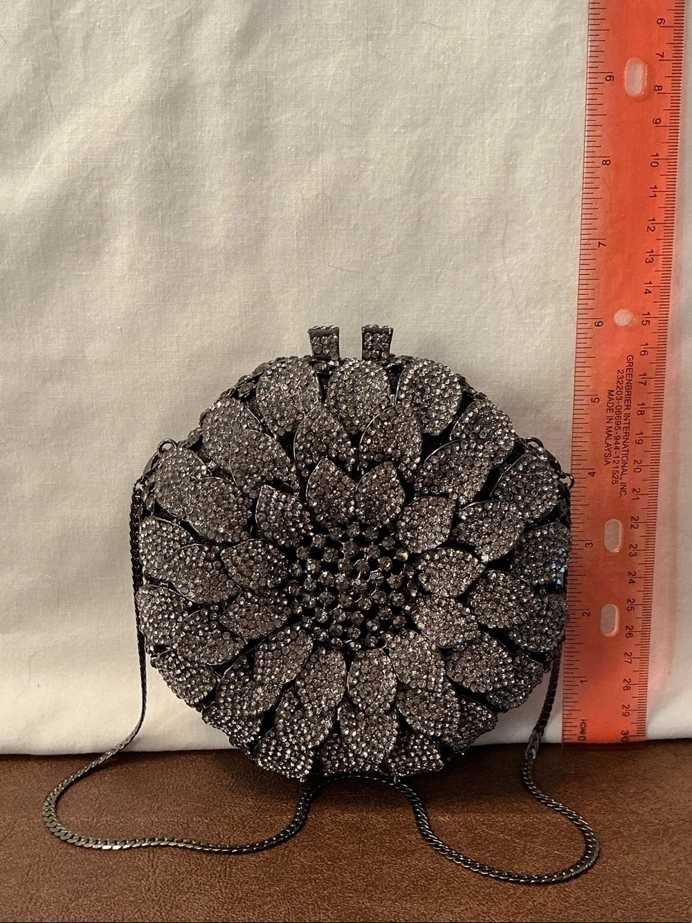 NWT Off Park Collection Designer Gun Metal Crystal Flower Evening Bag Clutch 6”
